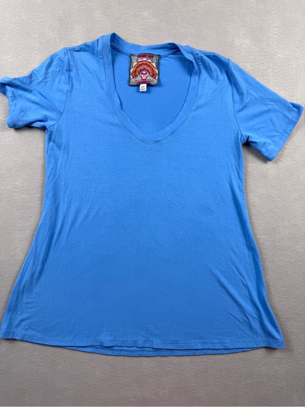 JOHNNY WAS Los Angeles Blue V-Neck T Shirt XXS Boho Relaxed Fit Soft Strech Top